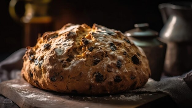 Макро фото ирландский содовый хлеб на камне деревенский паб Генеративный AI