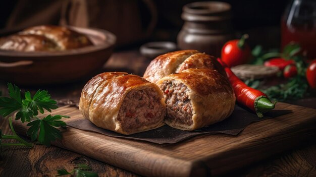 Macro Photo Kruchenyky Stuffed Meat Rolls On Stone Rustic Pub Ukrainian Dishes Generative AI