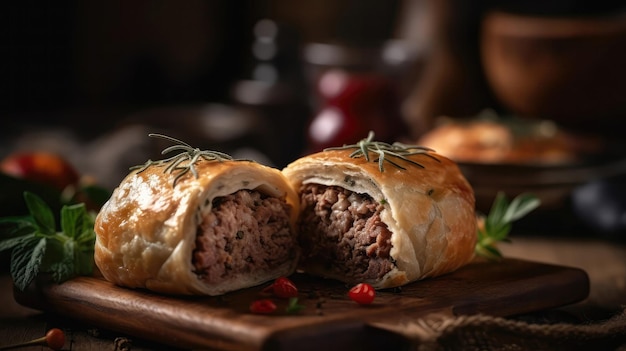 Photo macro photo kruchenyky stuffed meat rolls on stone rustic pub ukrainian dishes generative ai