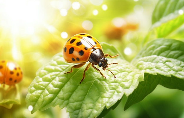 macro photo of a ladybug perched on a leaf with shiny bokeh background
