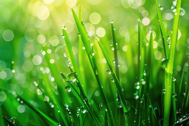 Macro photo of morning dew on green grass Beauty of nature