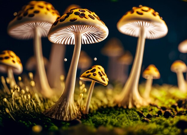 Macro photo of mushroom house with light