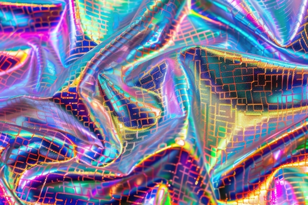 色鮮やかなグリッドパターンを持つ銀色のホログラフィックフォイルのマクロ写真