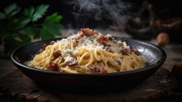 Photo macro photo spaghetti carbonara on stone rustic pub generative ai