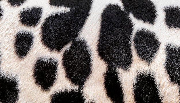 Macro photo of stretched skin of black and white cow rug with wool texture