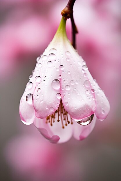 Foto una foto macro di una goccia d'acqua sospesa su un petalo di fiore di ciliegio