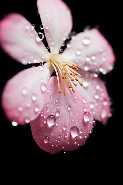 A macro photo of a water droplet suspended on a cherry blossom petal