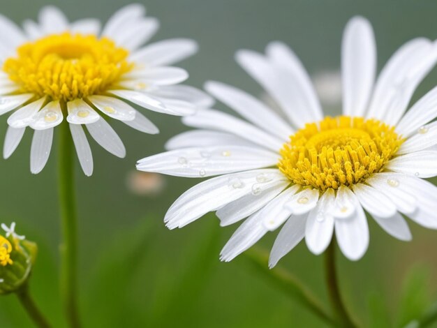 Macro photo of a white daisy on a background of green grass spring flowering concept