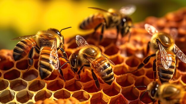 Macro photo of working bees on honeycombs beekeeping and honey production generative ai