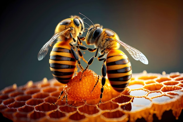 Macro photo of working bees on honeycombs