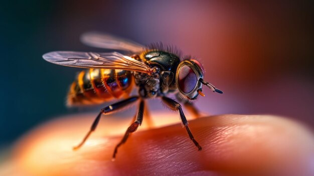 A macro photograph of a bee atop a finger.Ai Generated