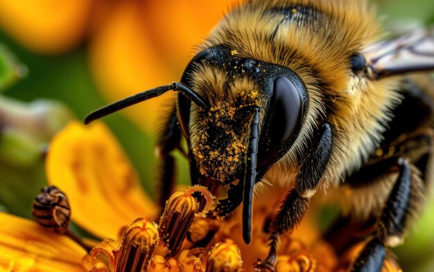 Macro photograph of a bees face while collecting nectar