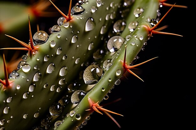 macro photograph of cactus spilling water droplets