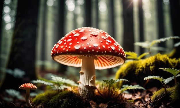 A macro photograph capturing the Amanita muscaria mushroom in its natural forest habitat