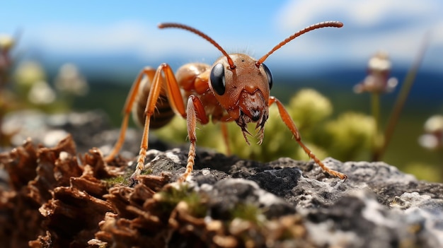 A macro photograph of red ant on the ground