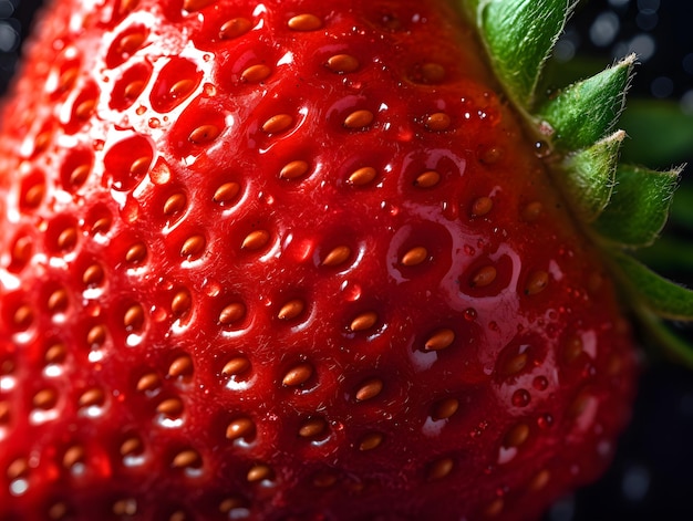 A macro photograph of a ripe strawberry with water droplets on the surface Generative AI