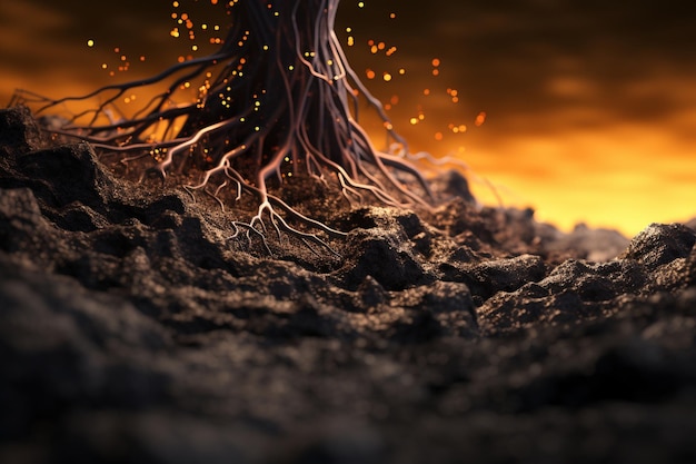 Macro photograph of soil and roots celebrating Generative ai