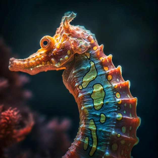 Foto fotografia macro di un bellissimo cavalluccio marino colorato ai generativa
