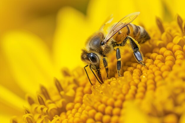 太陽の黄色い花から花粉を集めるミツバチのマクロ写真