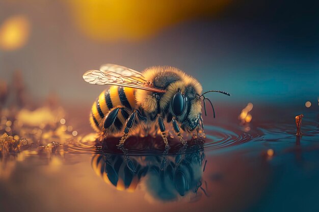 Macro photography of a bee on water AIGenerated