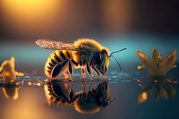 Macro photography of a bee on the water Generated by AI