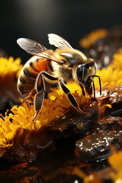 Macro photography of bees on a dark background