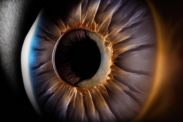 Macro photography close up of the iris of the eye on a dark background