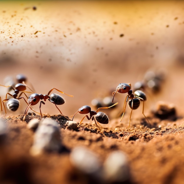 Macro photography of A colony of ants carrying food back to their underground nest