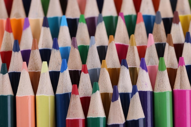 Macro photography of colored pencils background of colorful sharpened colored pencils