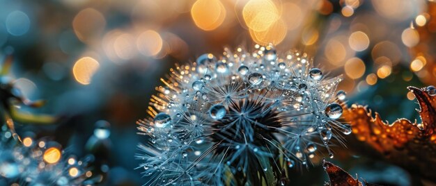 Macro photography of dandelion seeds with glistening water droplets showcasing natures intricate beauty and patterns