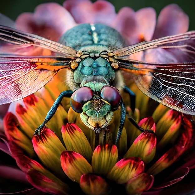 Macro photography of a dragonfly in the middle of a flower