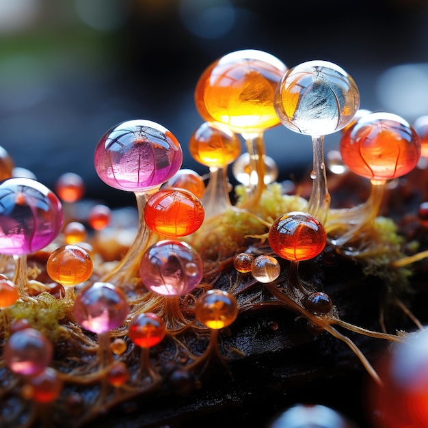 Macro photography flora mushrooms plants under a microscope spores close up raindrops and dew microbiology viruses ecosystem