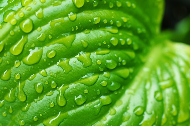 Macro photography of the fresh glossy leaf with rain drops on it Beautiful natural background