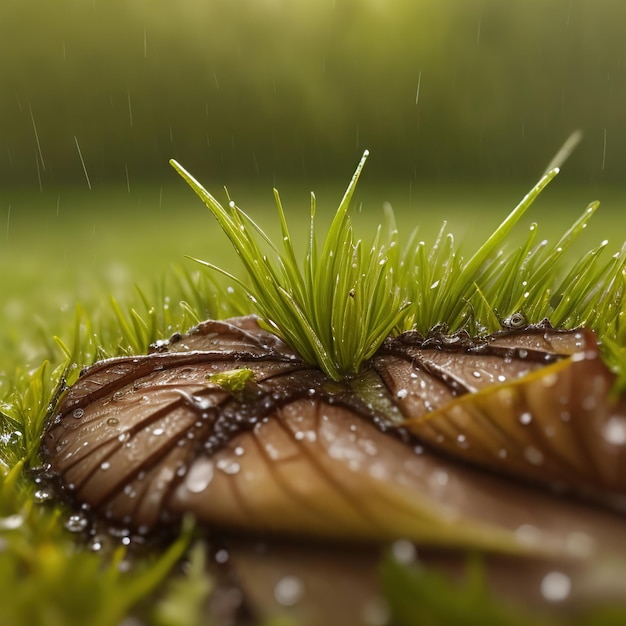 Macro photography of grass and leaf