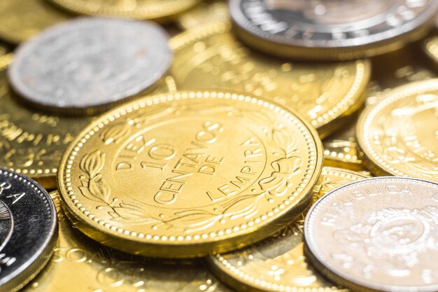 Macro photography of honduran cents with different denominations