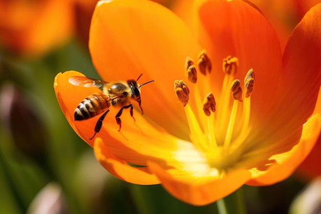 The macro photography of a honey bee approaches a tulip in full bloom on a summer day Generative AI AIG27