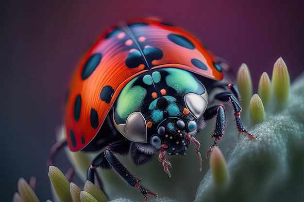 Macro photography of a ladybug on a plant created with Generative AI technology