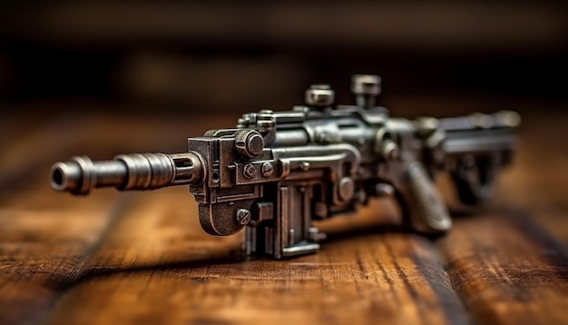 macro photoshoot of a gun long gun machine gun on the table Top view with Generative AI technology
