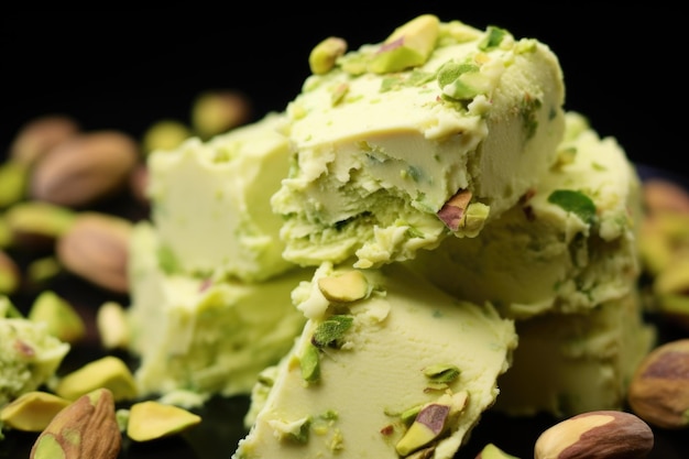 Photo macro of pistachio gelato revealing the nut chunks