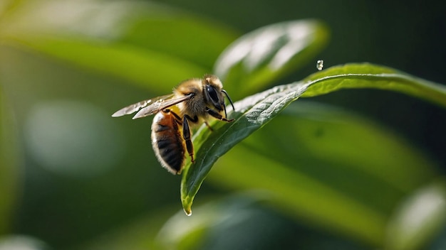 macro plant with a bee lying on a leaf