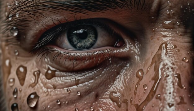 Macro portrait of adult Caucasian eye wet with raindrop reflection generated by artificial intelligence