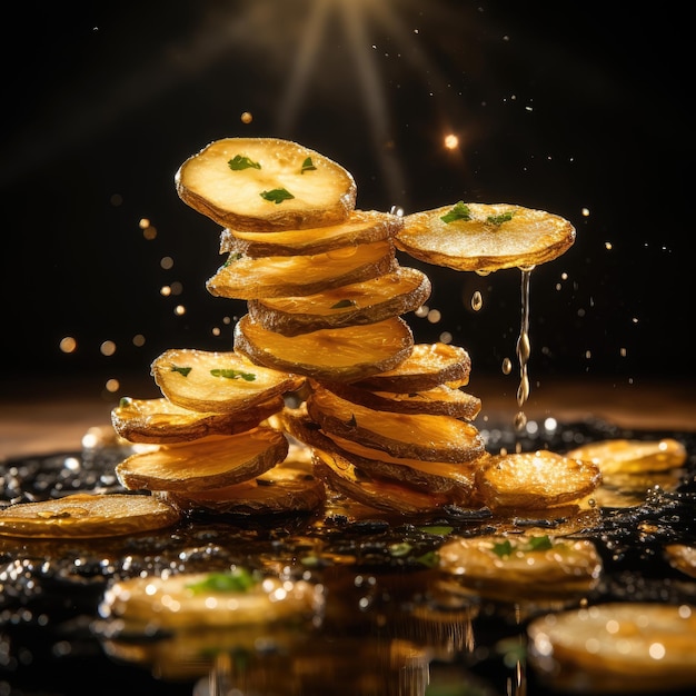 Macro realistic photo modern restaurant production levitation of sliced potato circles