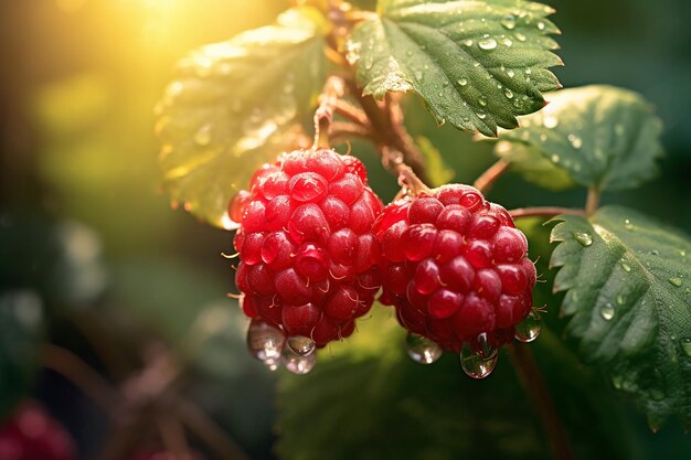 Macro rijpe frambozen op een tak in de tuin