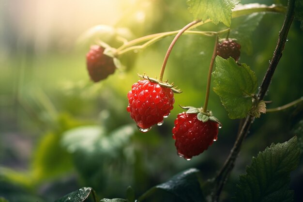 Macro Ripe Raspberries on a Branch