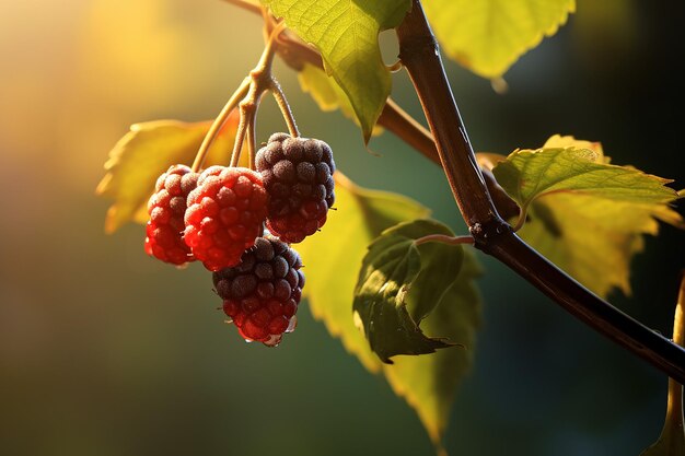 Macro Ripe Raspberries on a Branch