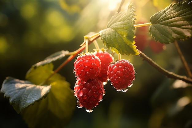 Macro Ripe Raspberries on a Branch