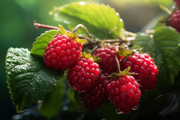 Macro ripe raspberries on a branch