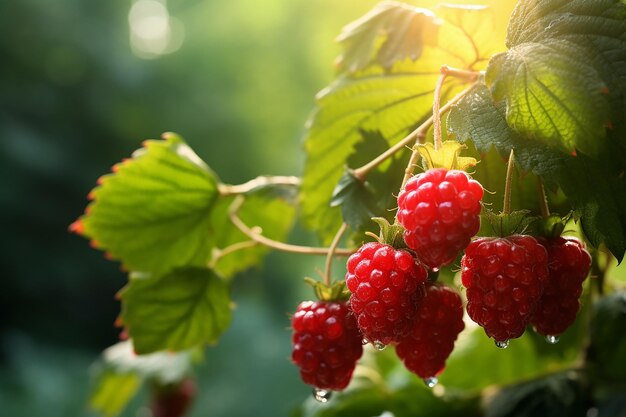 Macro Ripe Raspberries on a Garden Branch