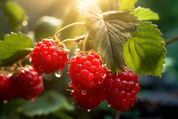 Macro Ripe Raspberries on a Garden Branch