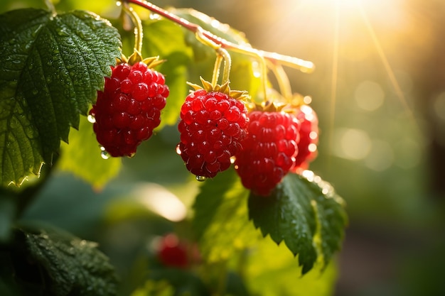 Macro Ripe Raspberries on a Garden Branch